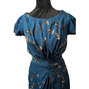 YUMI Swallow Bird Print Ruched Midi Dress Teal Blue Size US 2/4